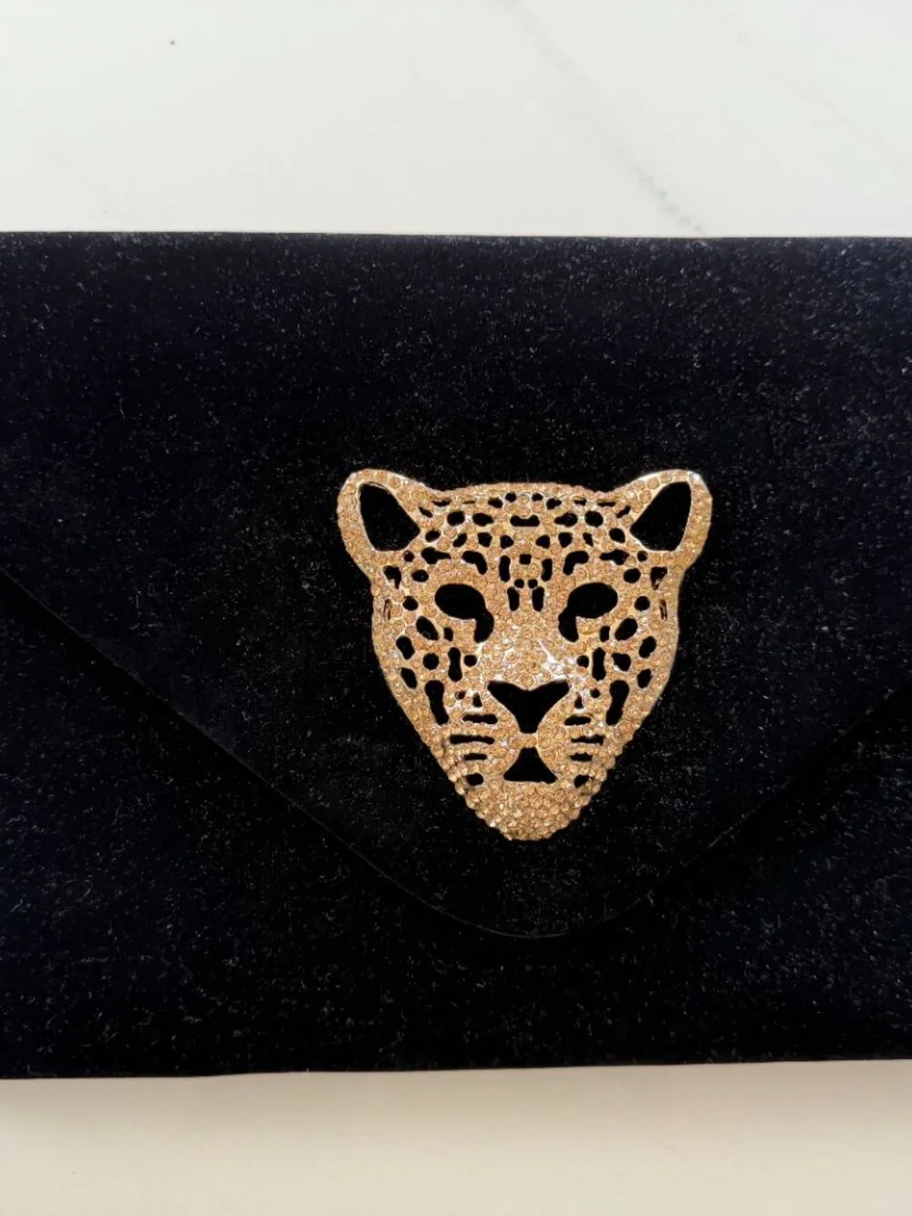 NWT! JNB Black Velvet Clutch w/Gold tone Leopard piece Medallion.